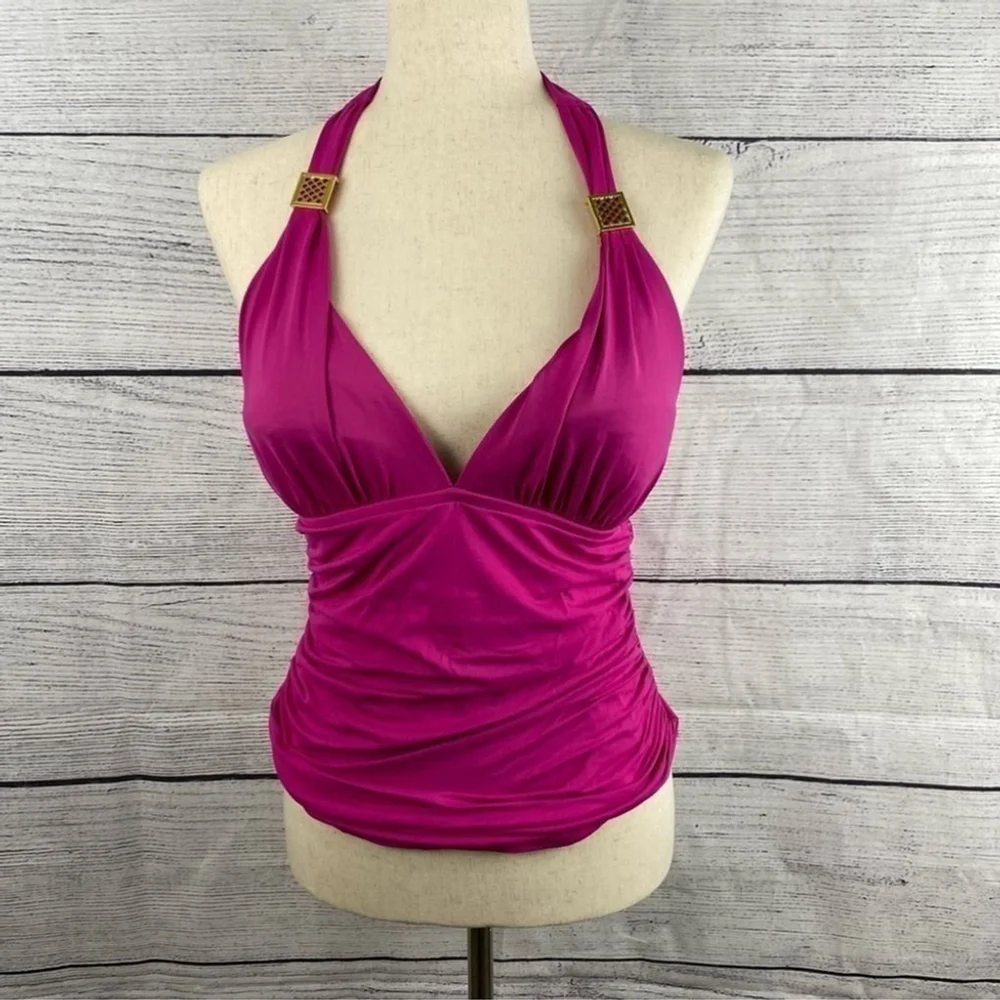 LA Blanca Fuchsia Halter Tankini Swim Bathing Suit Top with Gold Trim Si… - Picture 2 of 9